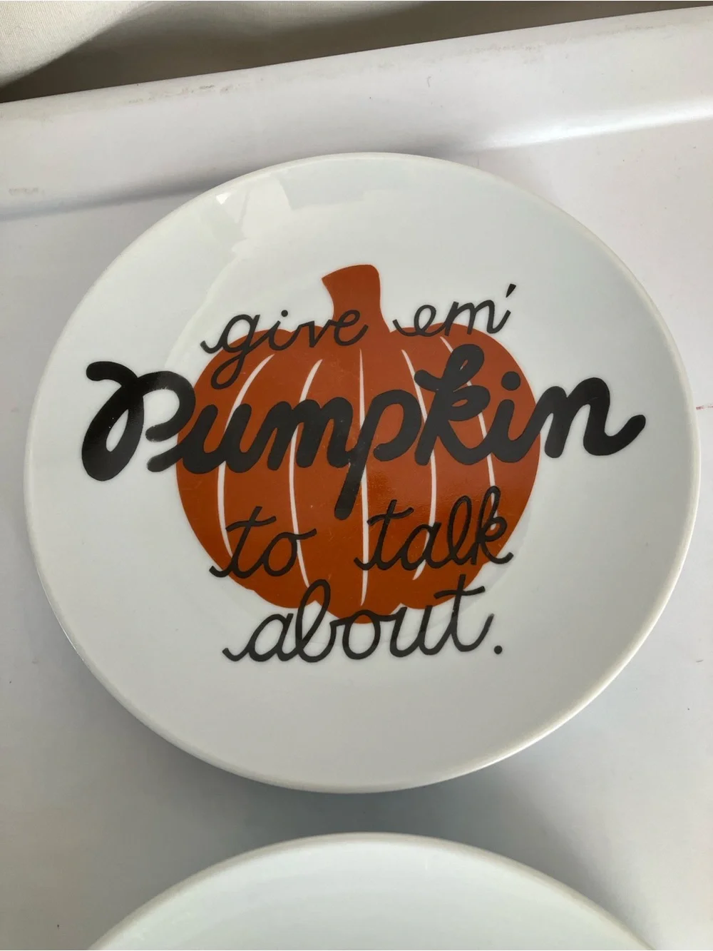 Crate & Barrel Decorative “Pumpkin to Talk About” Ceramic Plate set 2 Halloween